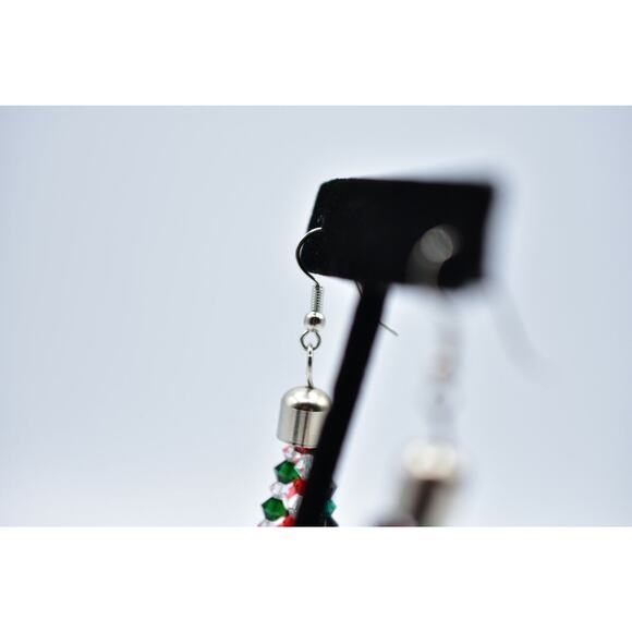 Vintage Crystal Beaded Earrings Christmas Holiday Shiny Dangle Red Green Bin7 - Picture 8 of 11